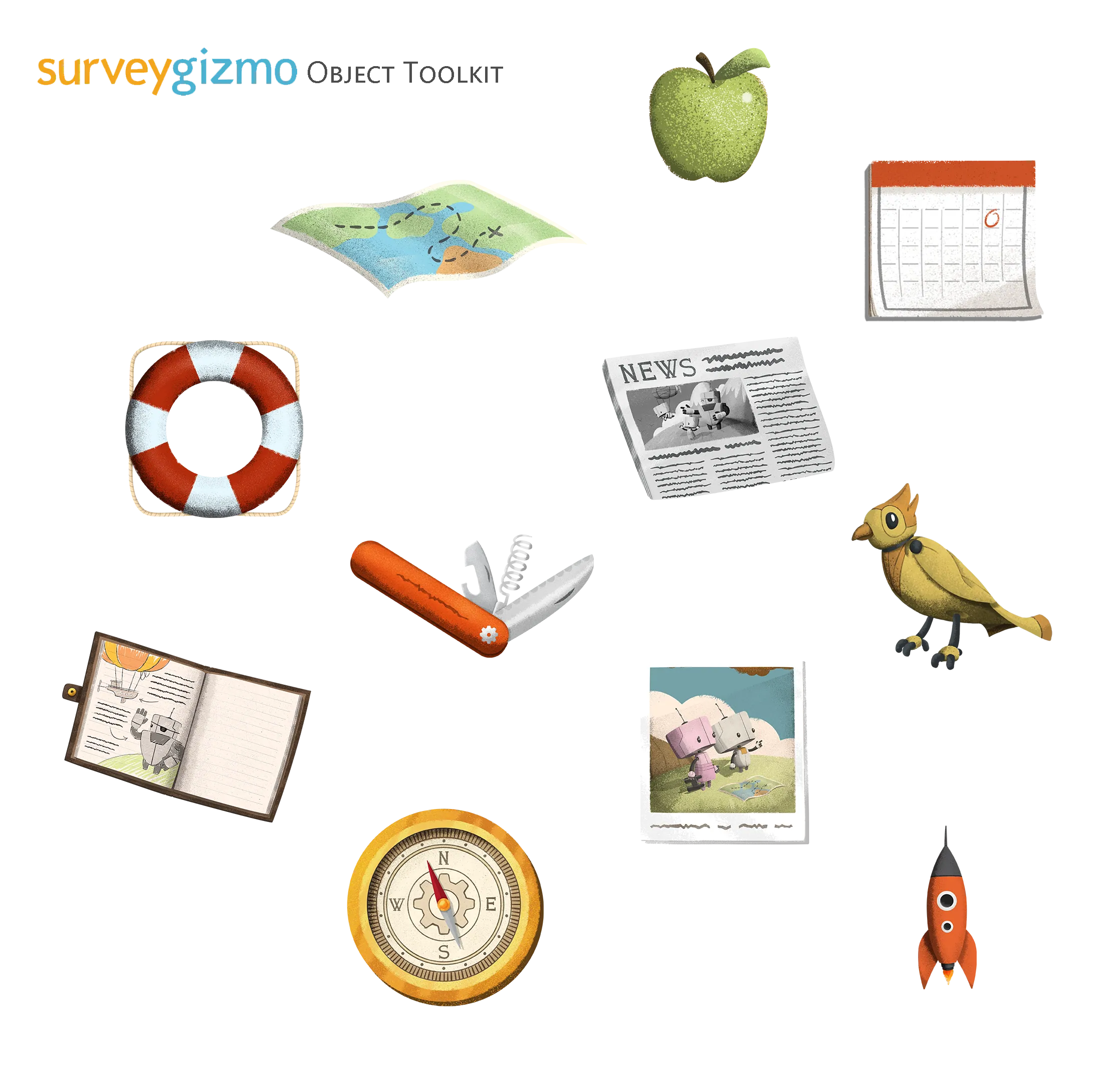 SurveyGizmo asset-library sheet showing reusable illustrated objects.
