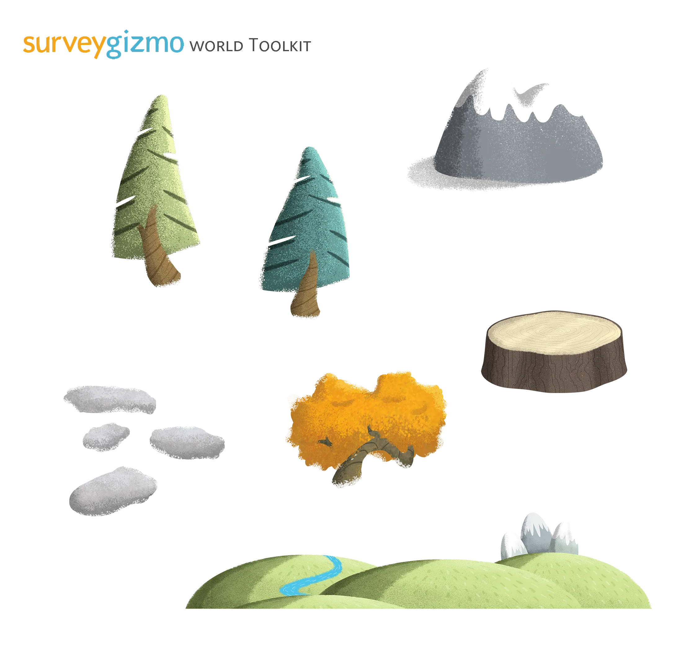 SurveyGizmo asset-library sheet showing reusable illustrated world elements.