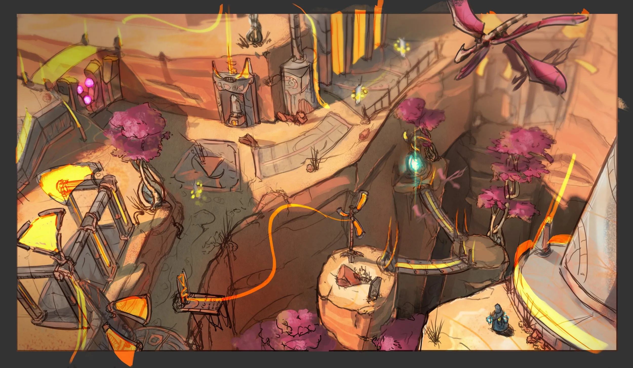 Concept art establishing the mood of a Reliquary canyon environment.