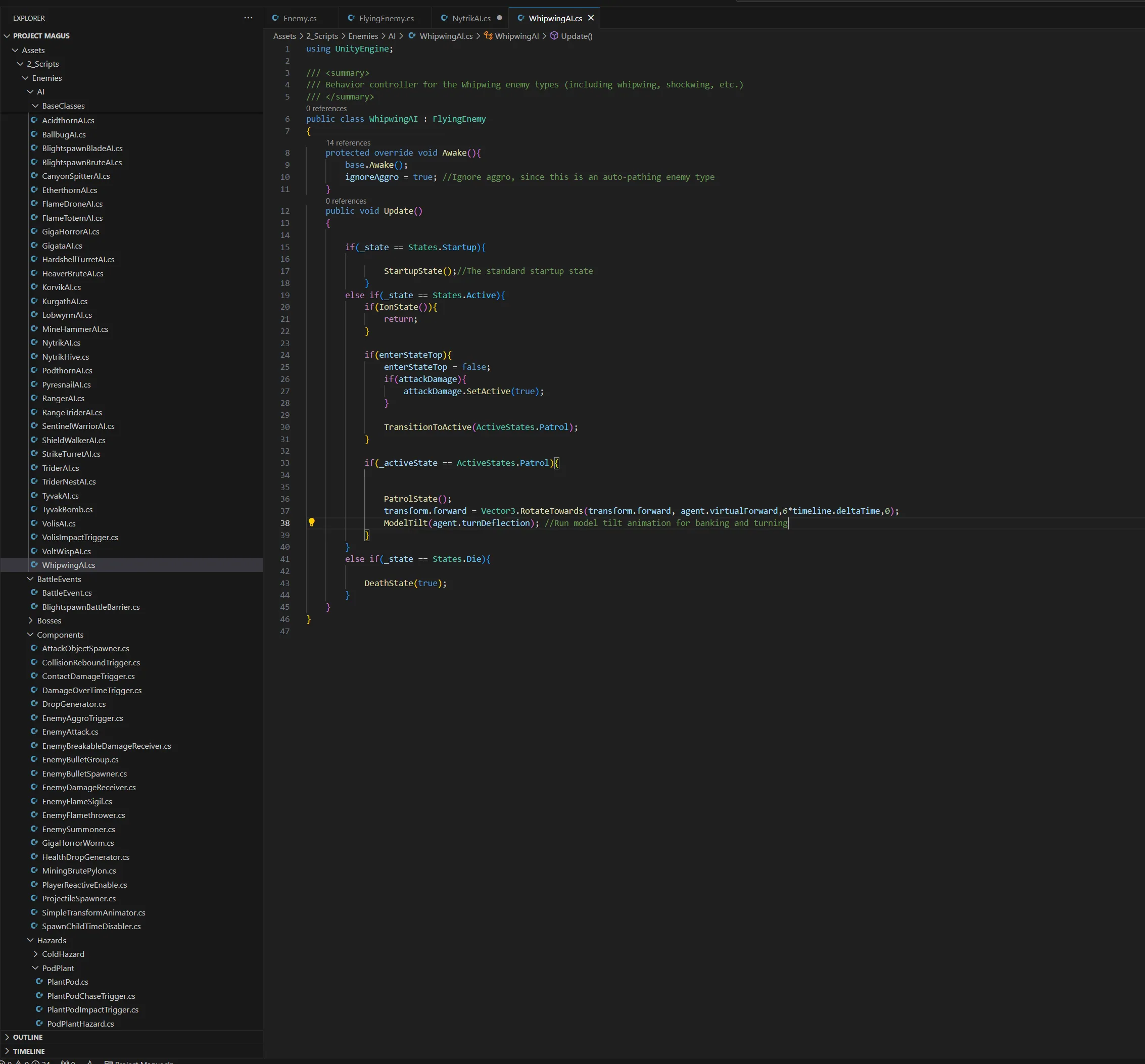 Reliquary enemy system example showing varied enemies built from shared behavior systems.