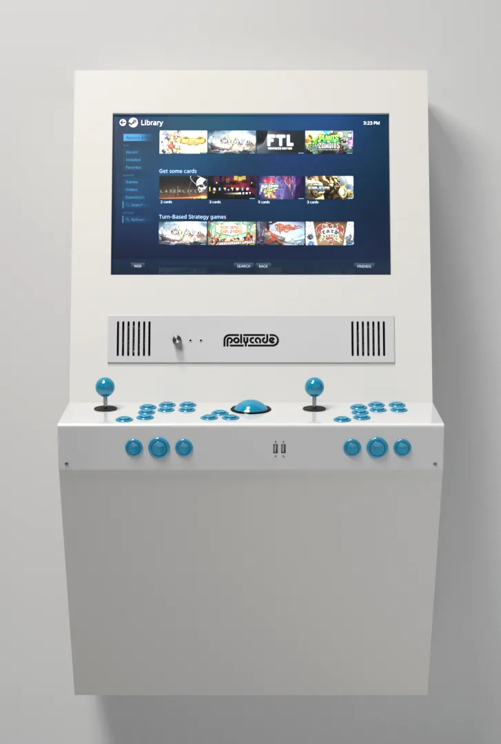 A white arcade cabinet design rendered in a digital scene
