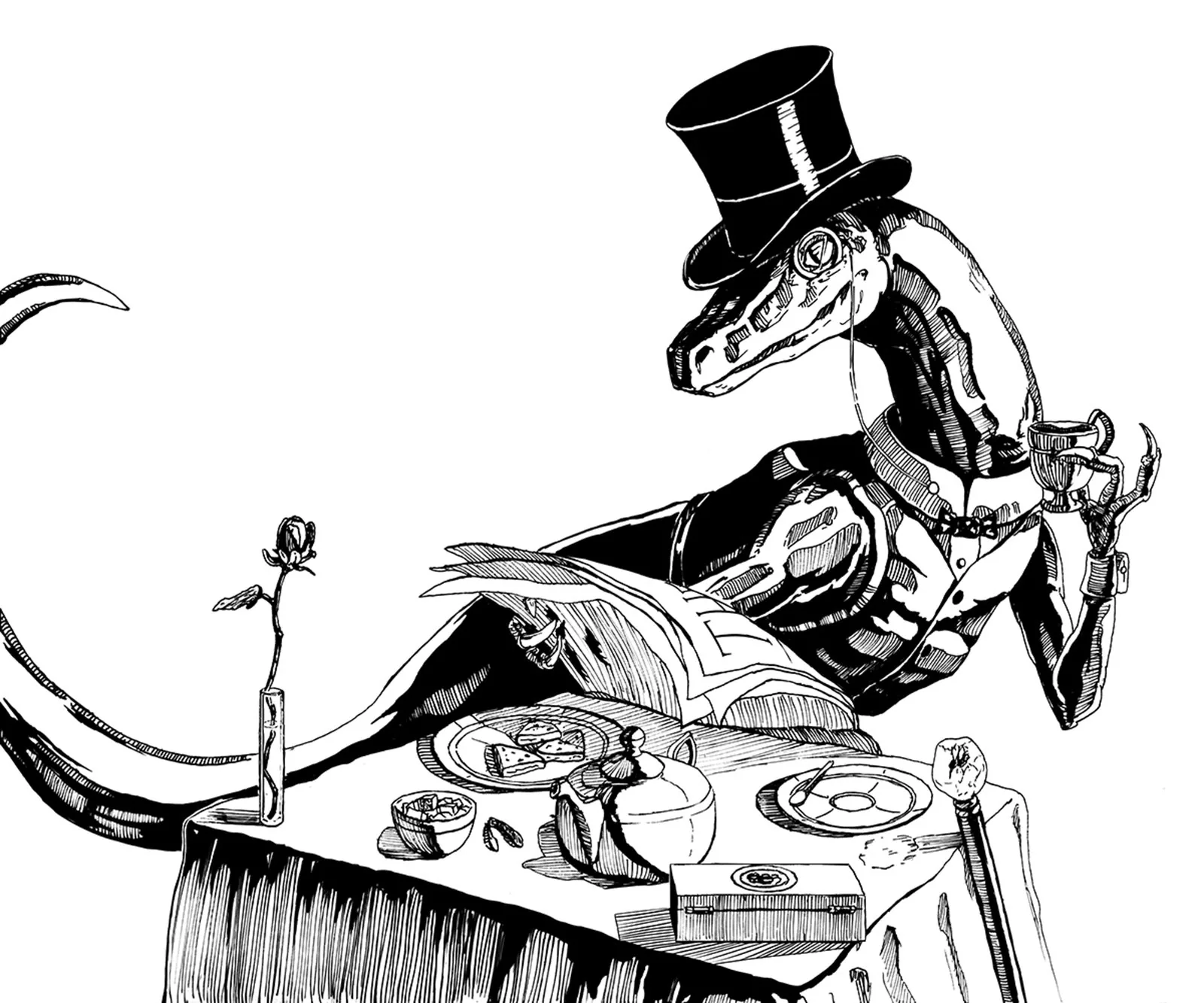 An illustrated gentleman with raptor features