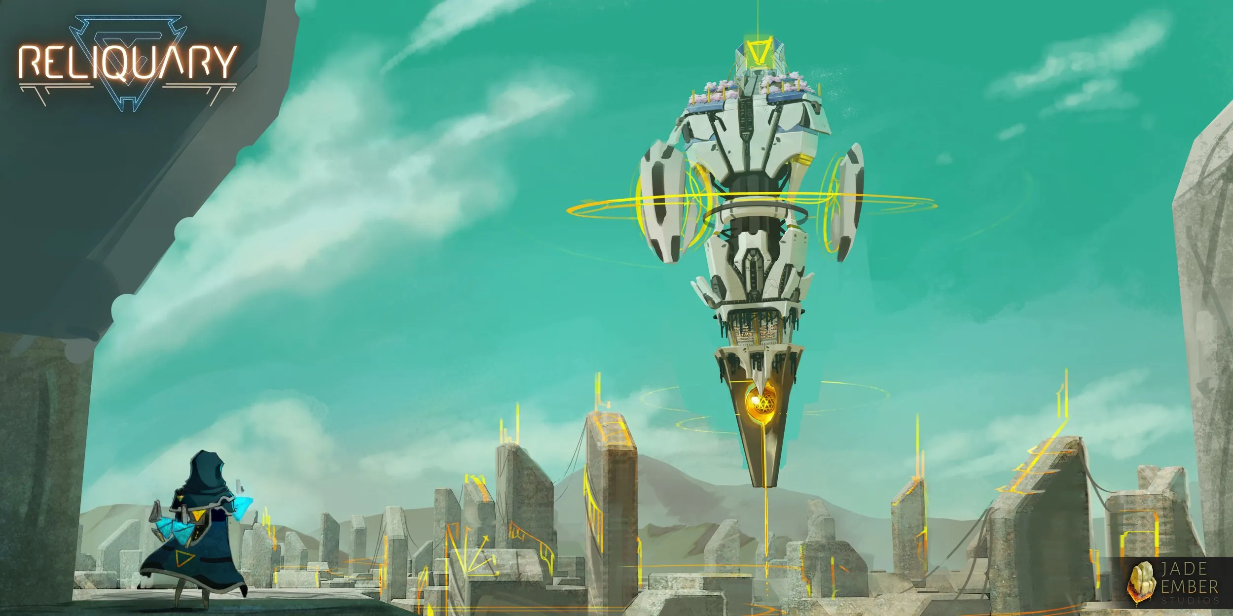 A wide view of Reliquary's city and surrounding science-fantasy landscape.