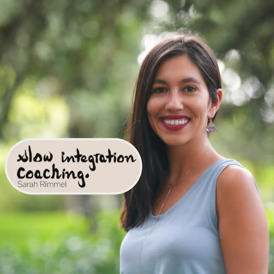 Slow Integration Coaching artwork featuring Sarah Rimmel outdoors beside the show logo.