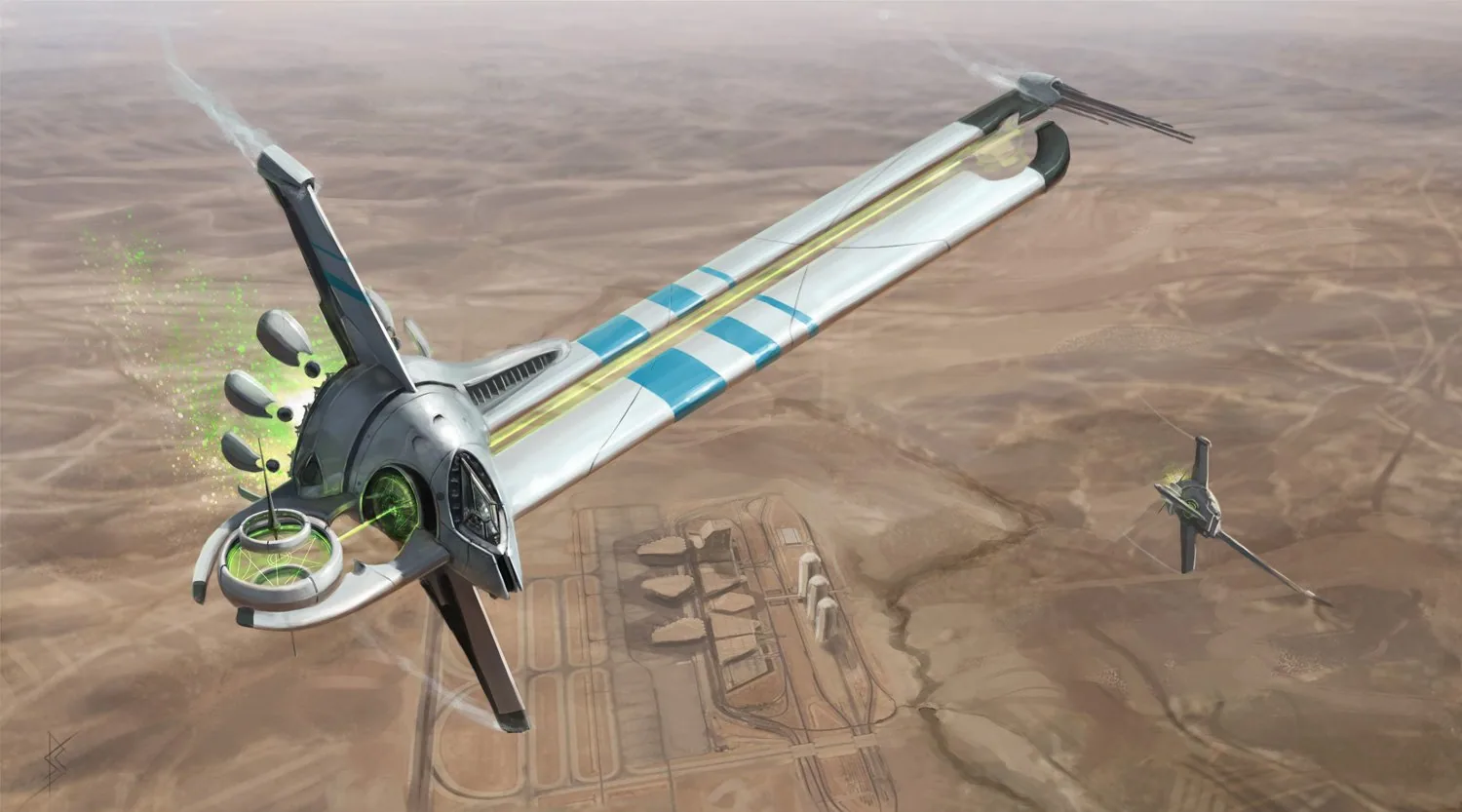 A science-fiction spacecraft flying through a dramatic sky