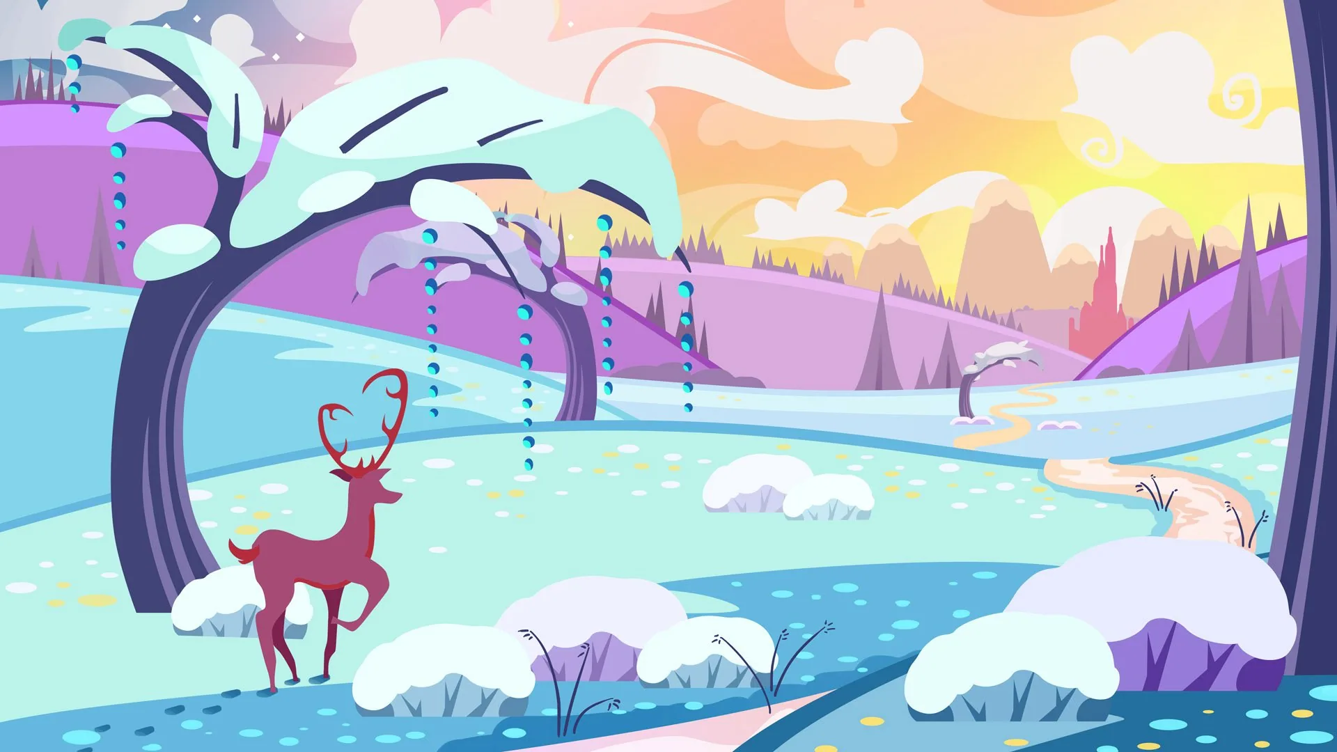 A quiet illustrated winter landscape at dawn